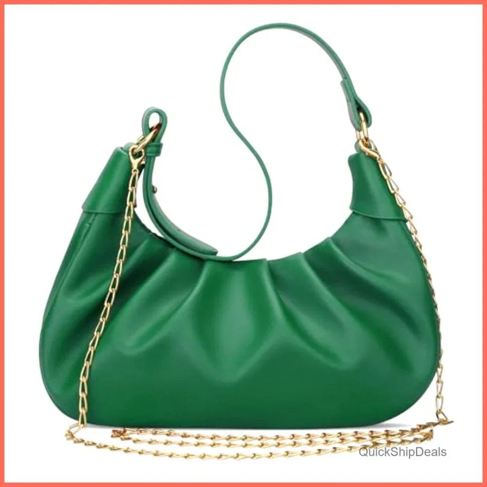 Crescent Hobo Shoulder Bag with Detachable Gold Chain Crossbody, Vegan Leather